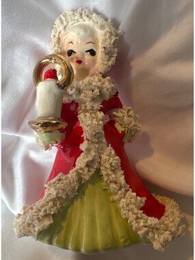 Enesco Japan Christmas Figurine Lady Holding Candle Spaghetti Ceramic